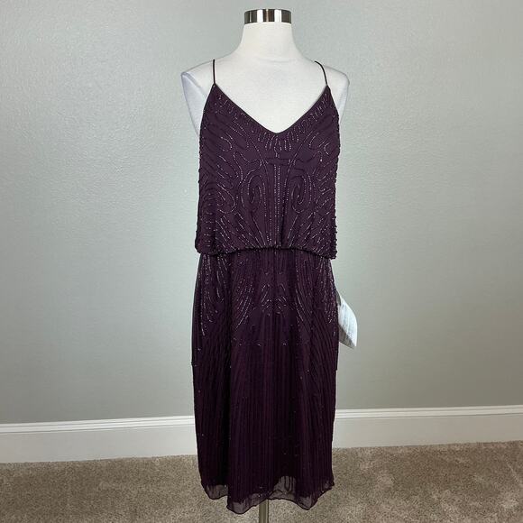 J Kara Beaded Chiffon Sleeveless Midi Sheath Cocktail Dress Purple Size 10 - Picture 2 of 12